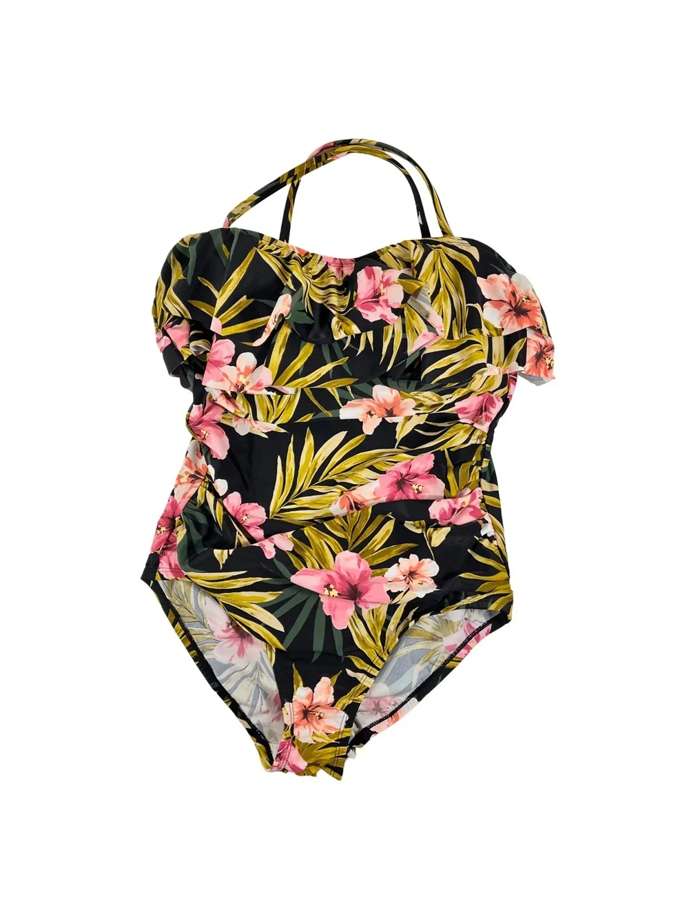 Kona Sol Black One Piece Swimsuit Pink Floral Green Leaf Print, size Medium